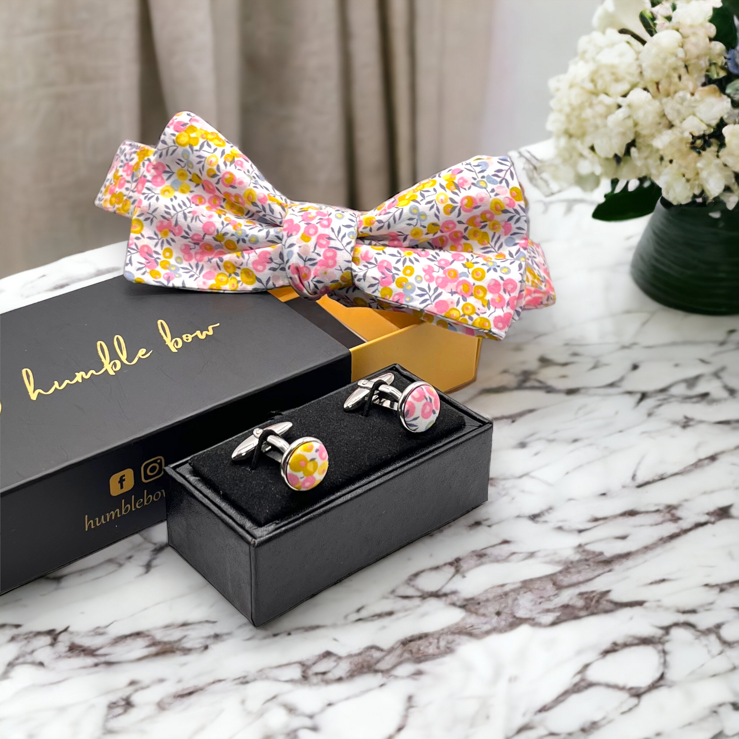 Bow Tie & Cufflinks Matching Set - Liberty Wiltshire Bud Pink